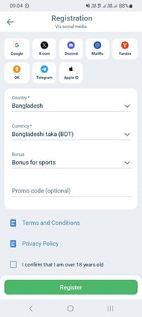 Users in Bangladesh can register via social media – it’s quick and easy